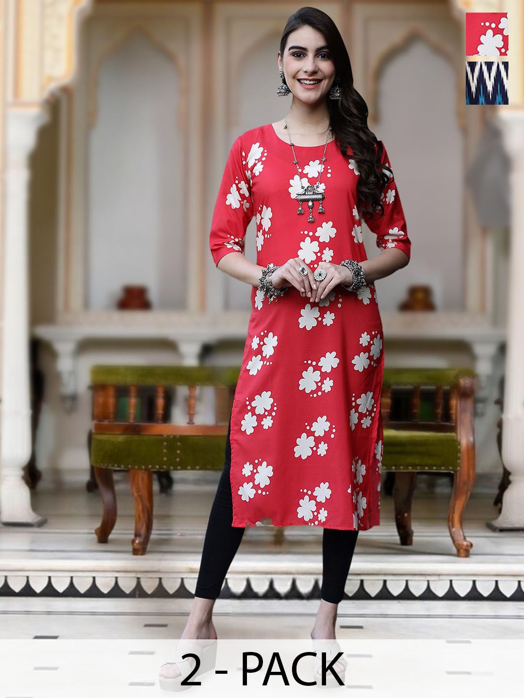 

Moda Rapido Selection Of 2 Floral Printed Round Neck Straight Kurta, Red