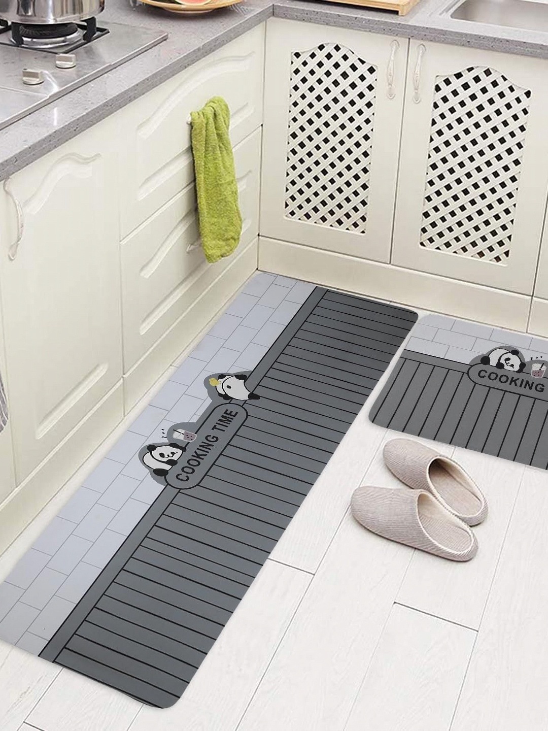 

FAVRIA Grey & Black 2 Pieces Striped Waterproof Kitchen Mats