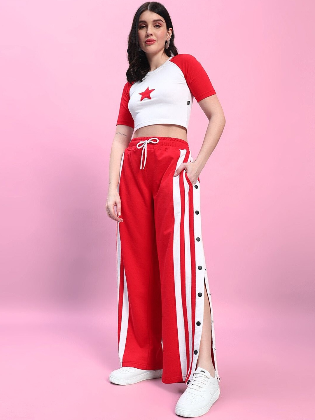 

WEARDUDS Striped Cotton Mid Rise Joggers, Red