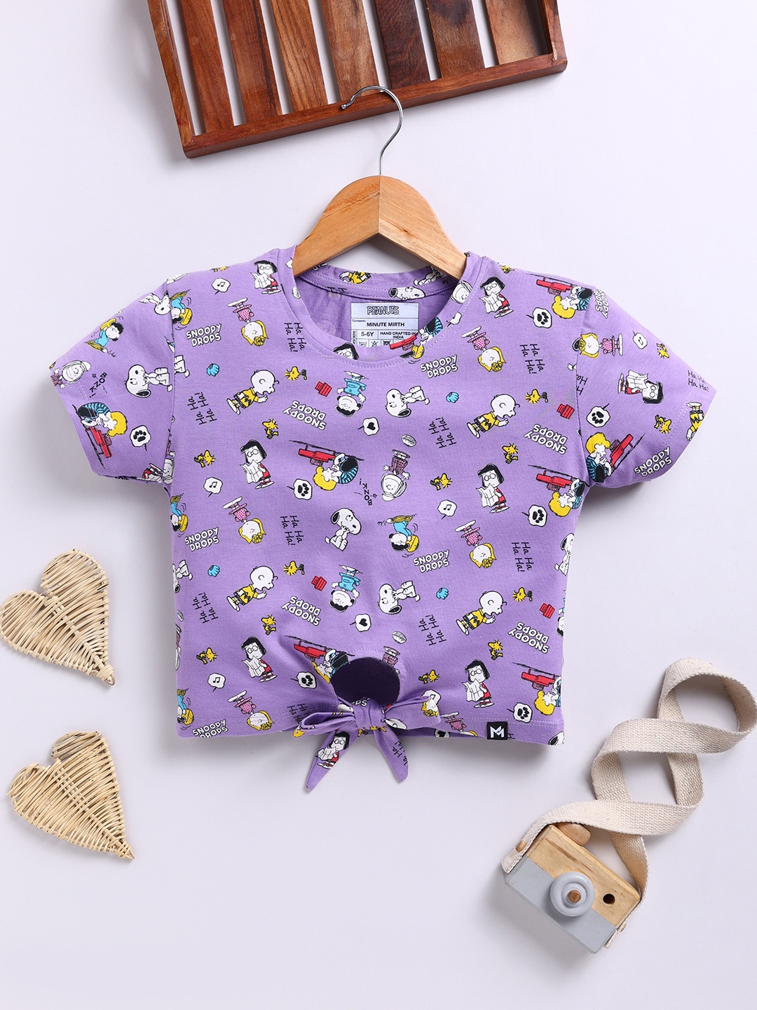 

YK X Minute Mirth All-Over Peanuts Printed Pure Cotton Crop Top, Purple