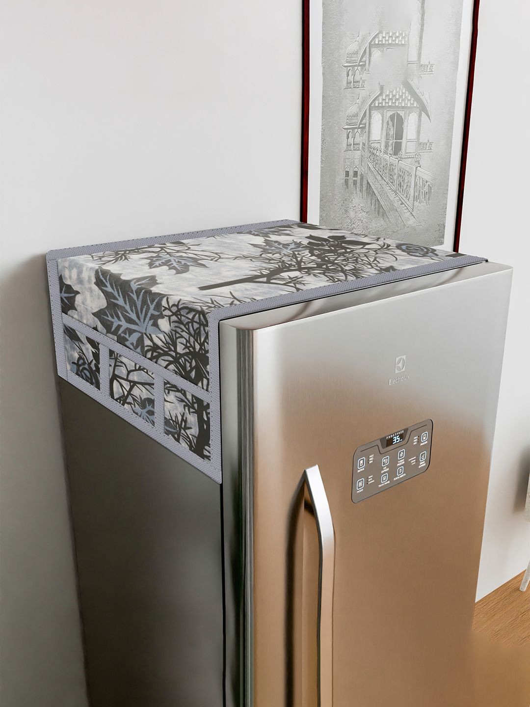 

Kuber Industries Grey & White Printed Fridge Top Cover With 6 Utility Pockets