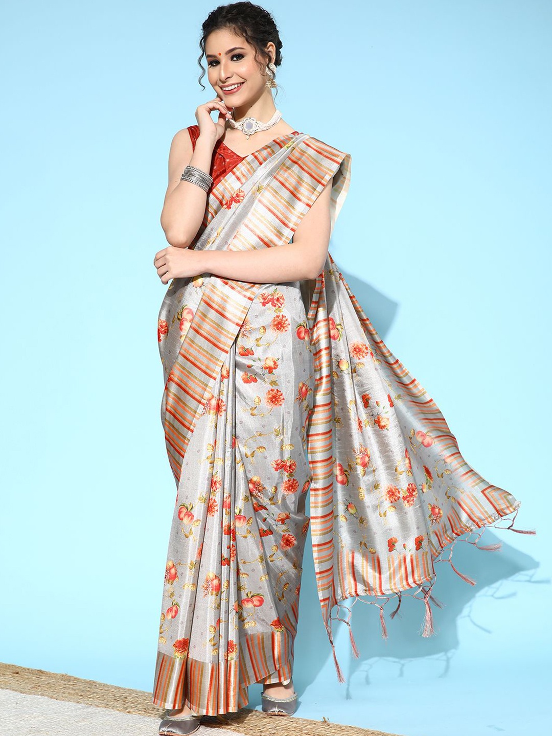 

Mitera Floral Silk Blend Saree, Grey