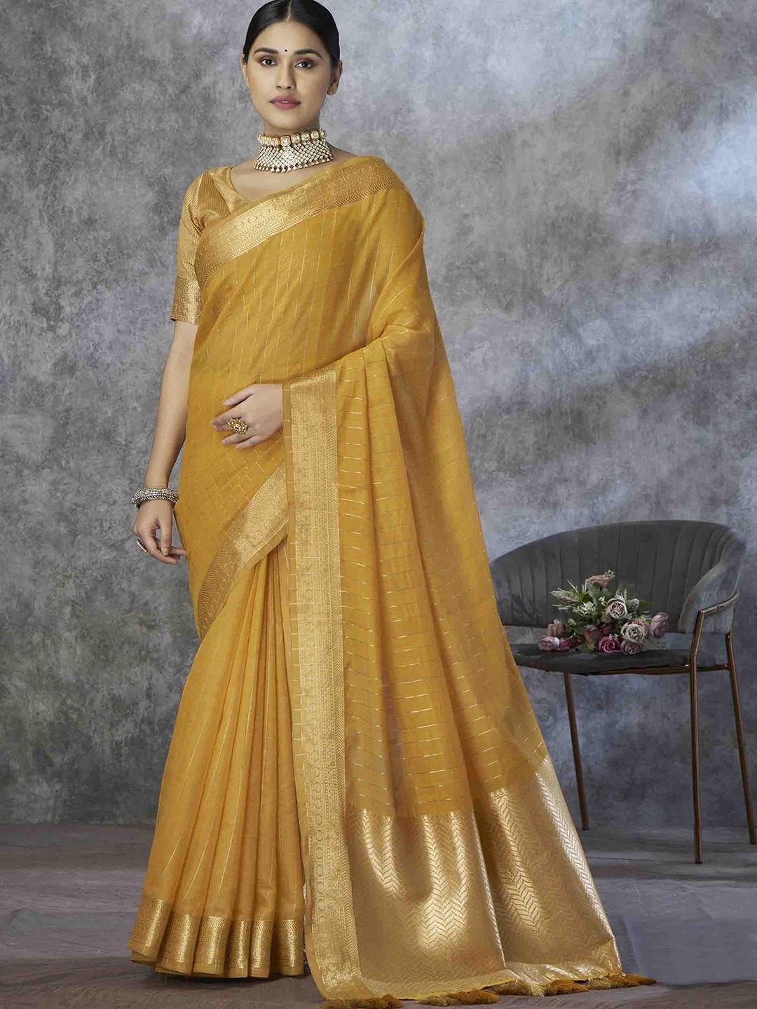 

Blissta Striped Zari Silk Blend Saree, Mustard