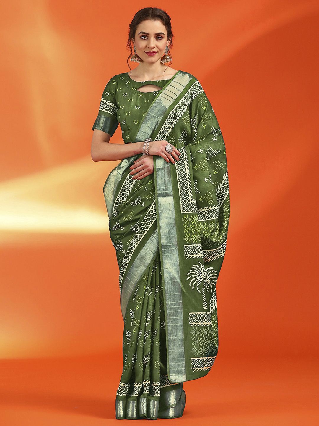 

Mitera Bagh Zari Silk Cotton Sungudi Saree, Green