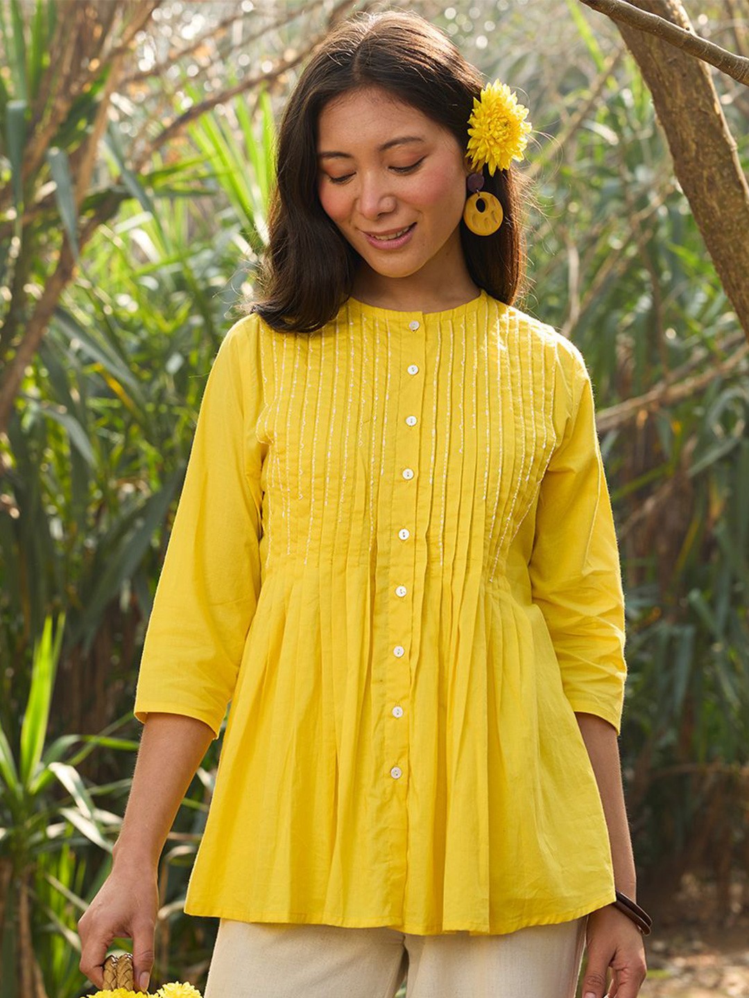 

OKHAI Women Sun Rays Hand-Embroidered Pure Cotton Top, Yellow