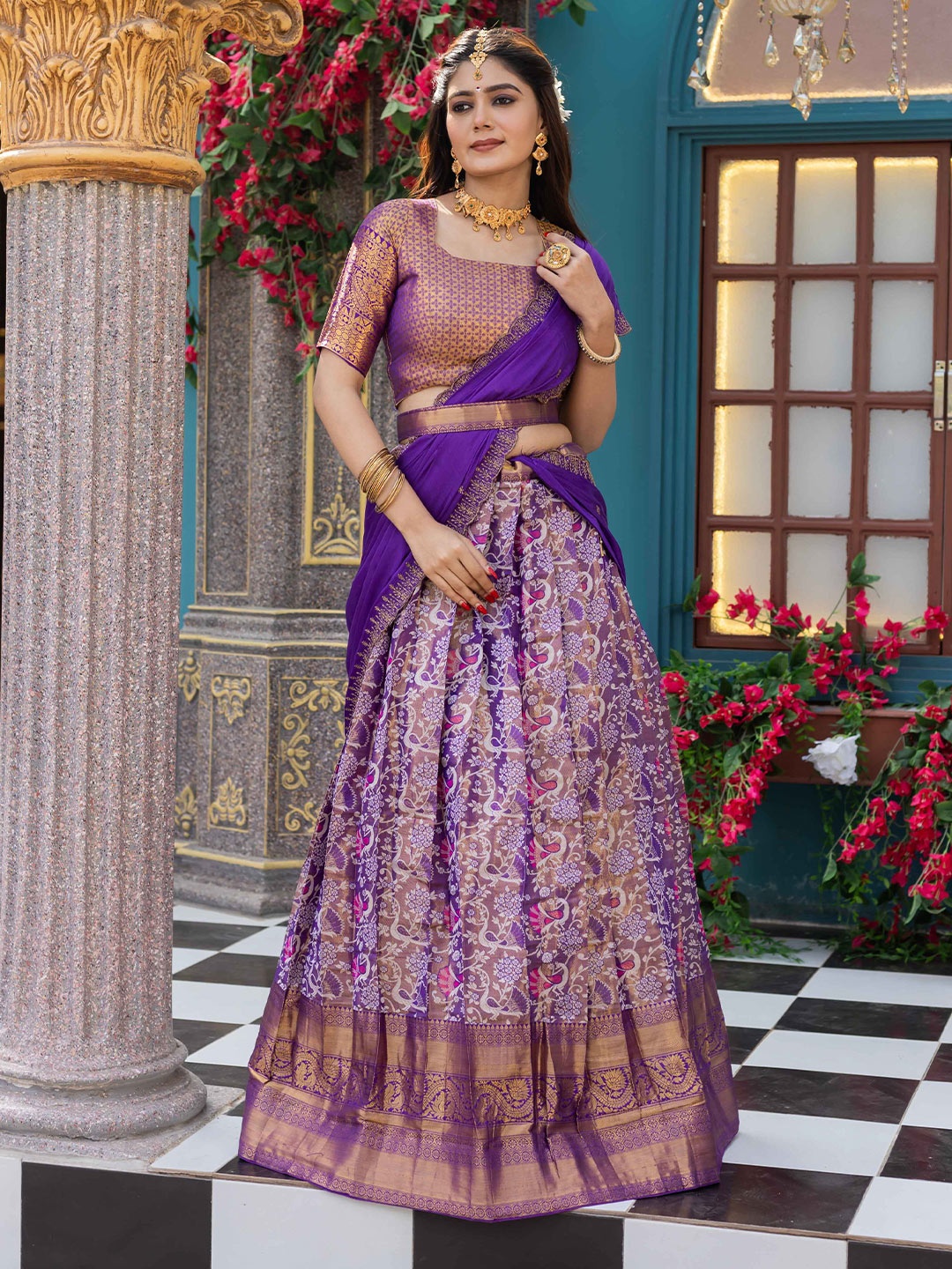 

DrapeMall Floral Woven Design Semi-Stitched Lehenga & Unstitched Blouse With Dupatta, Purple