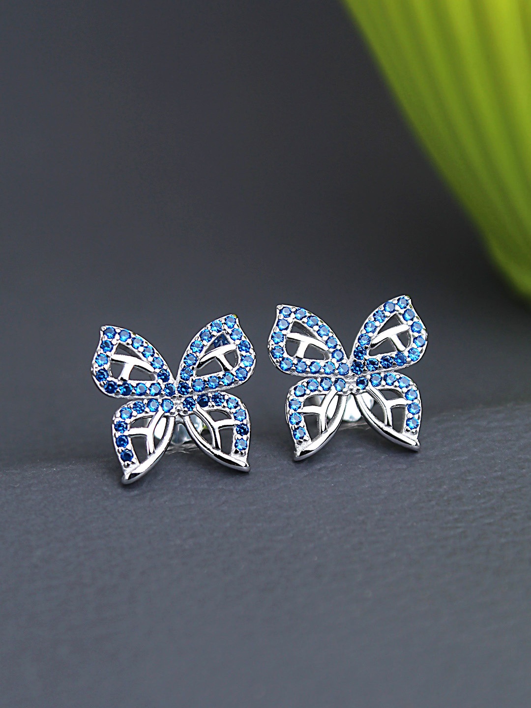 

DEVASHREE 925 Sterling Silver Rhodium-Plated CZ Studded Butterfly Shaped Studs Earrings