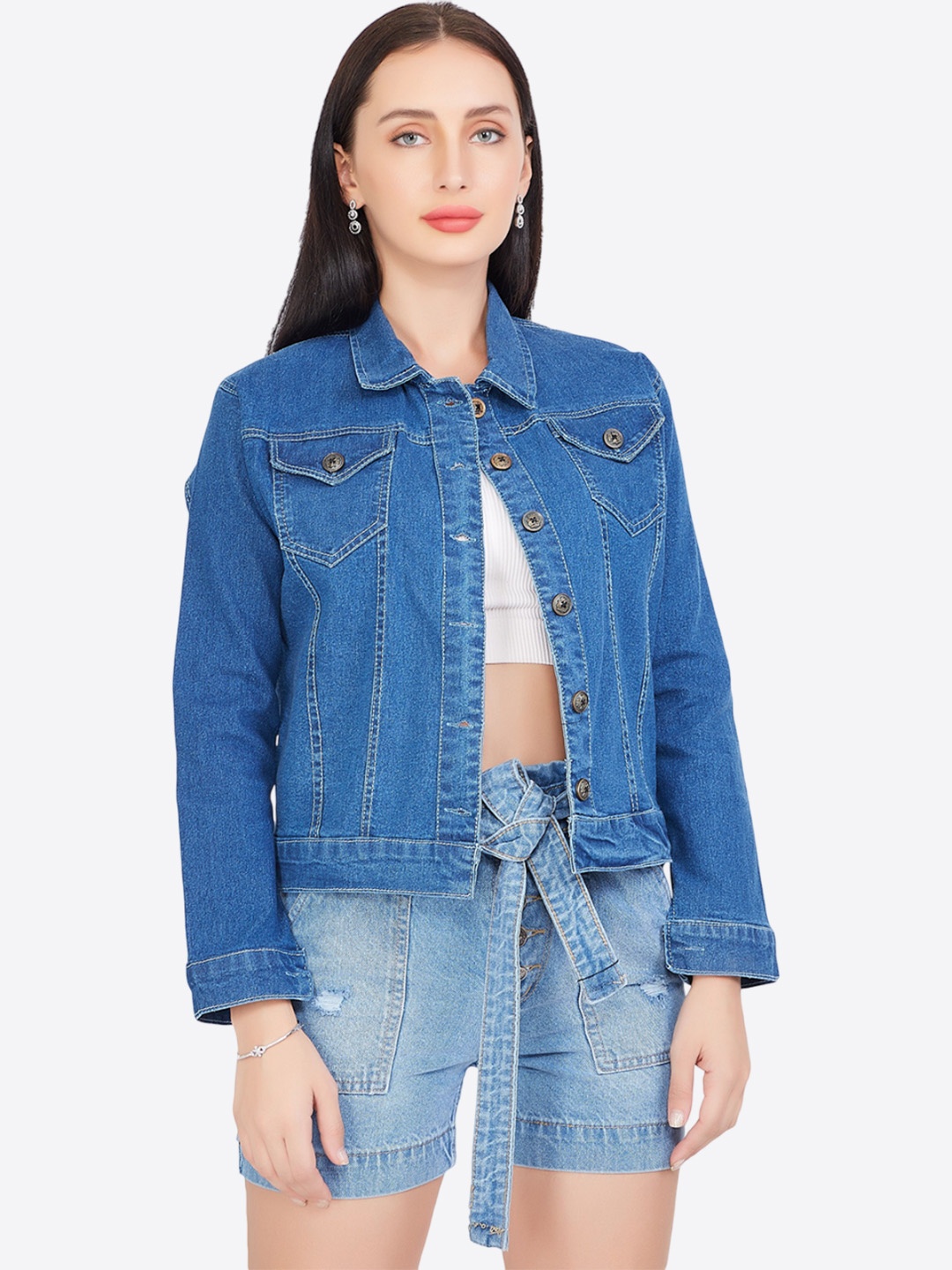 

CEFALU Women Denim Jacket with Patchwork, Blue