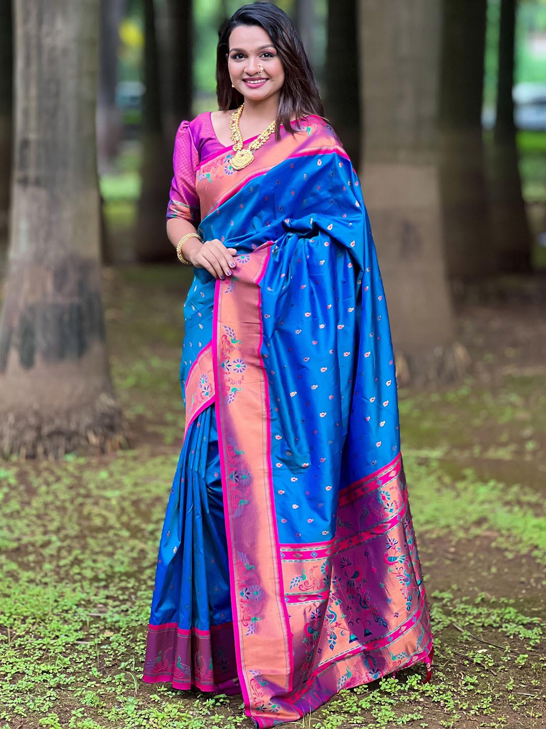 

Divyadham Textiles Woven Design Zari Pure Silk Paithani Saree, Blue