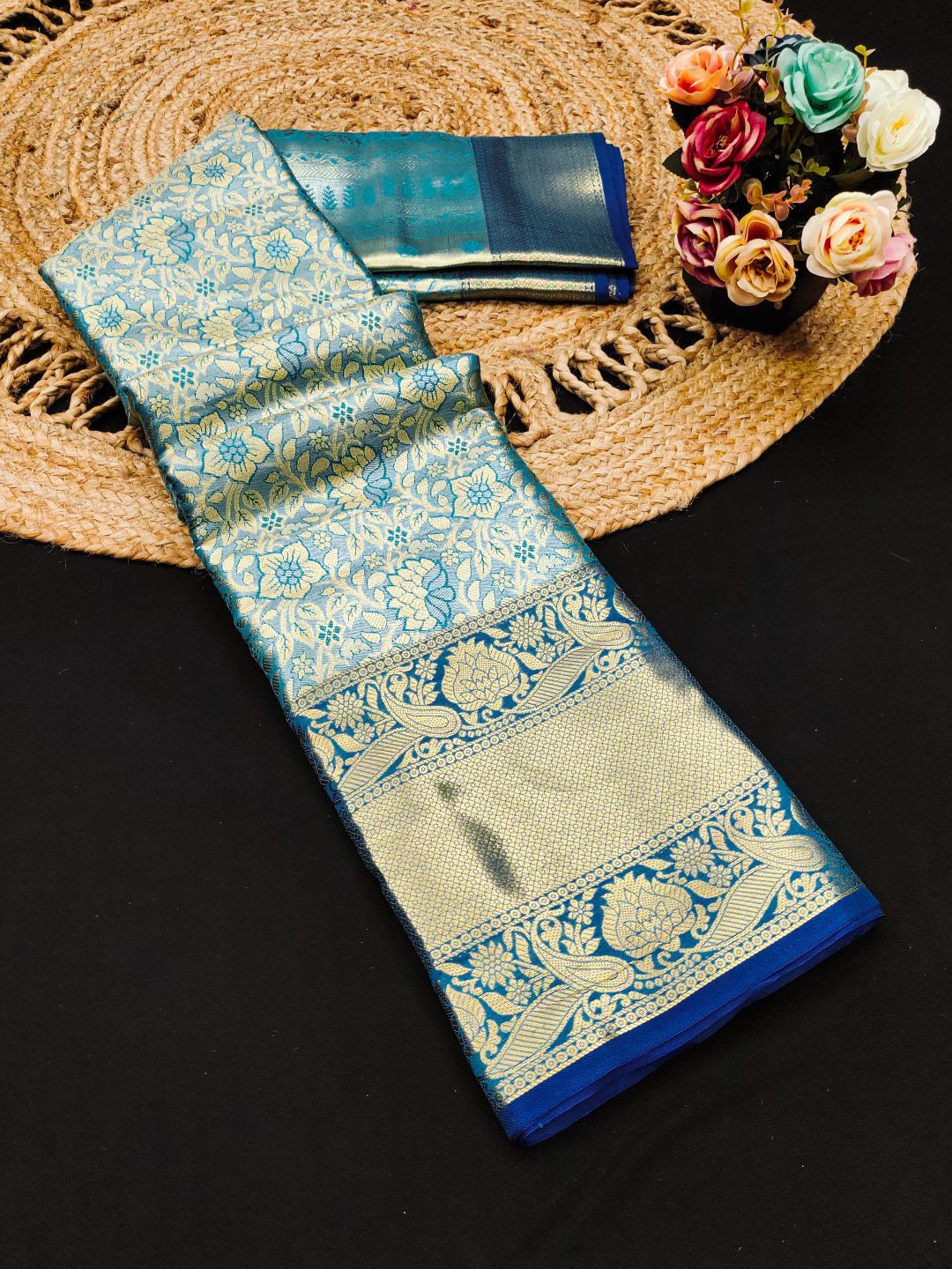

SILKWEAR Woven Design Zari Pure Silk Kanjeevaram Saree, Teal