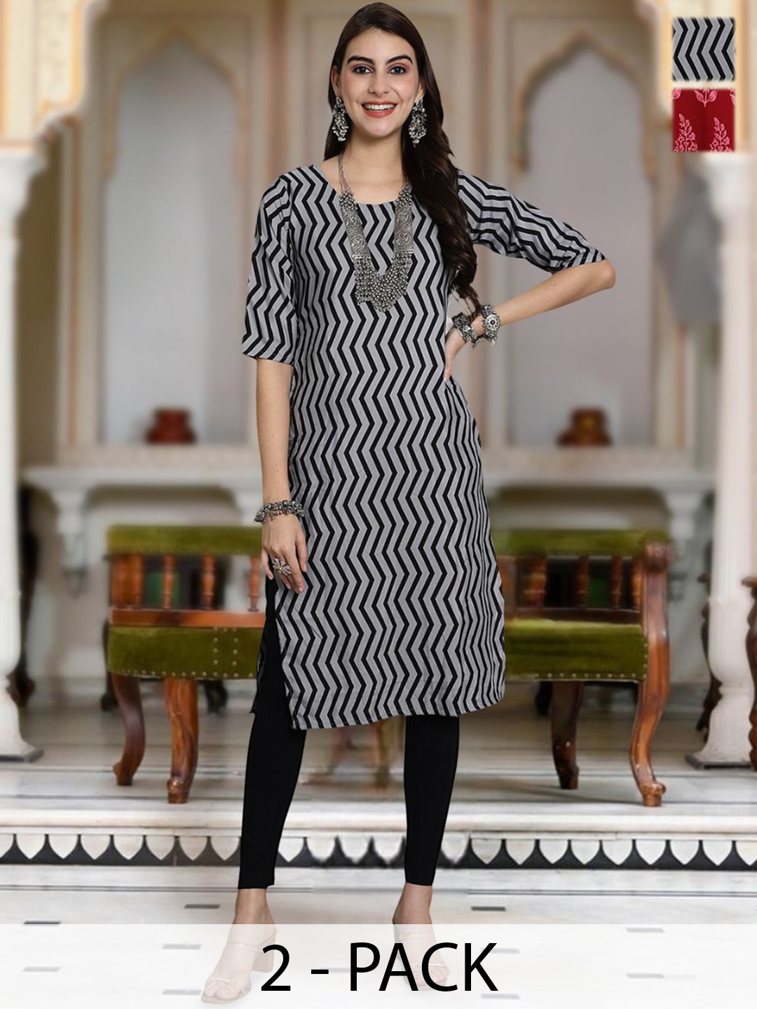 

Moda Rapido Selection Of 2 Chevron Printed Round Neck Straight Kurta, Black