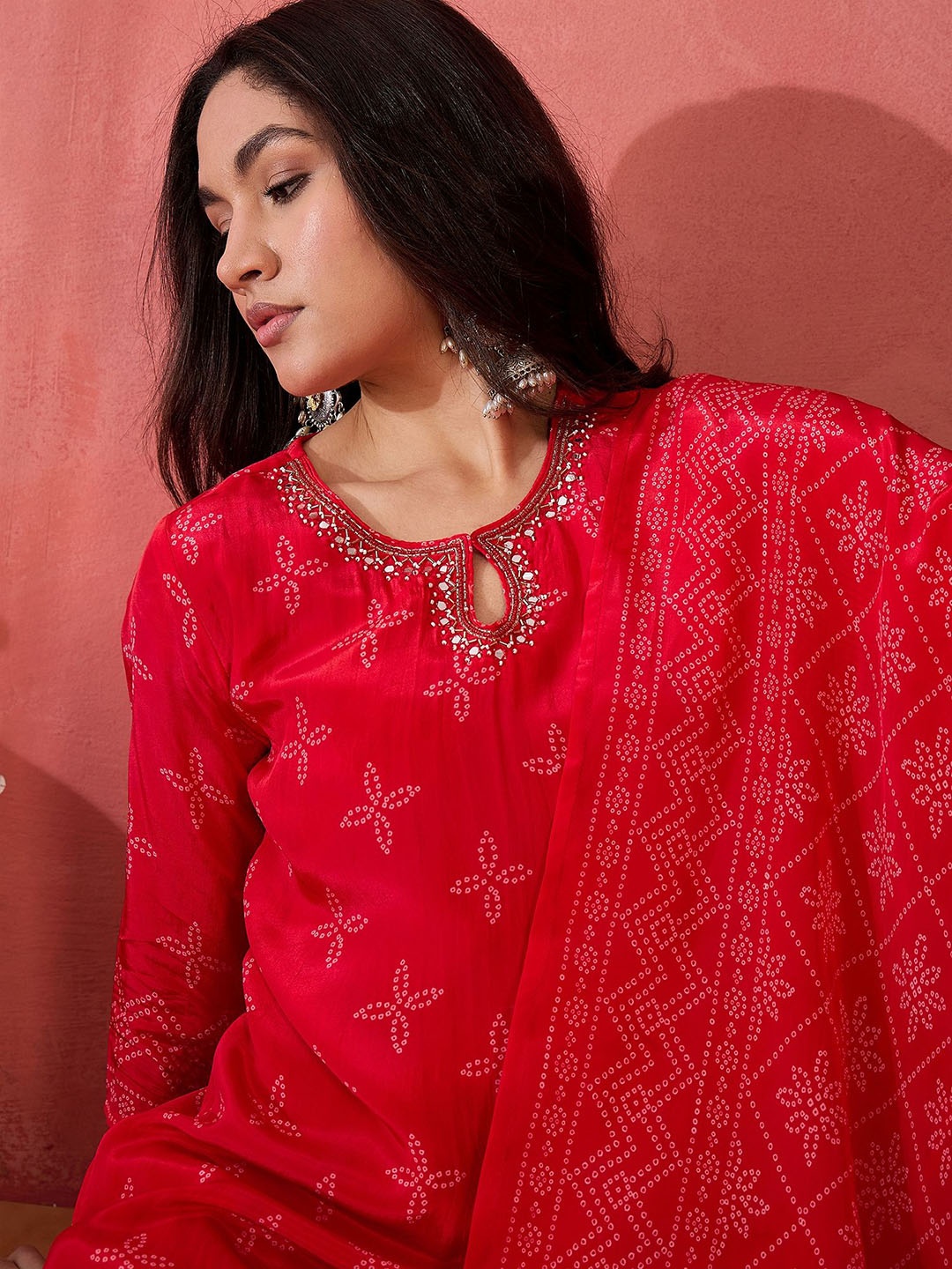 

Sangria Bandhani Printed Kurta & Trousers With Dupatta, Red