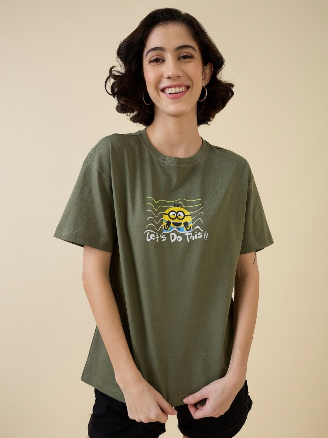 

Minions by Kook N Keech Women Printed Raw Edge T-shirt, Olive