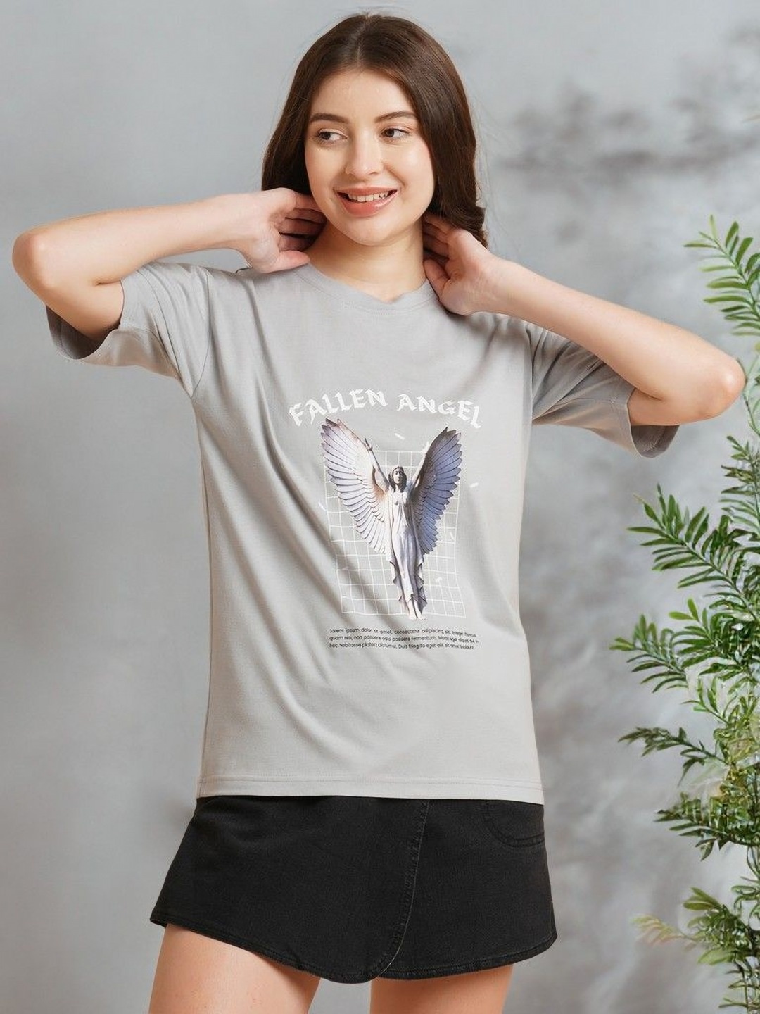 

DressBerry Women Printed Raw Edge T-shirt, Grey