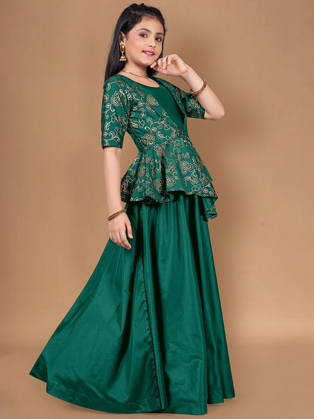 

Sangria Girls Printed Maxi Length Dress With Shrug, Green