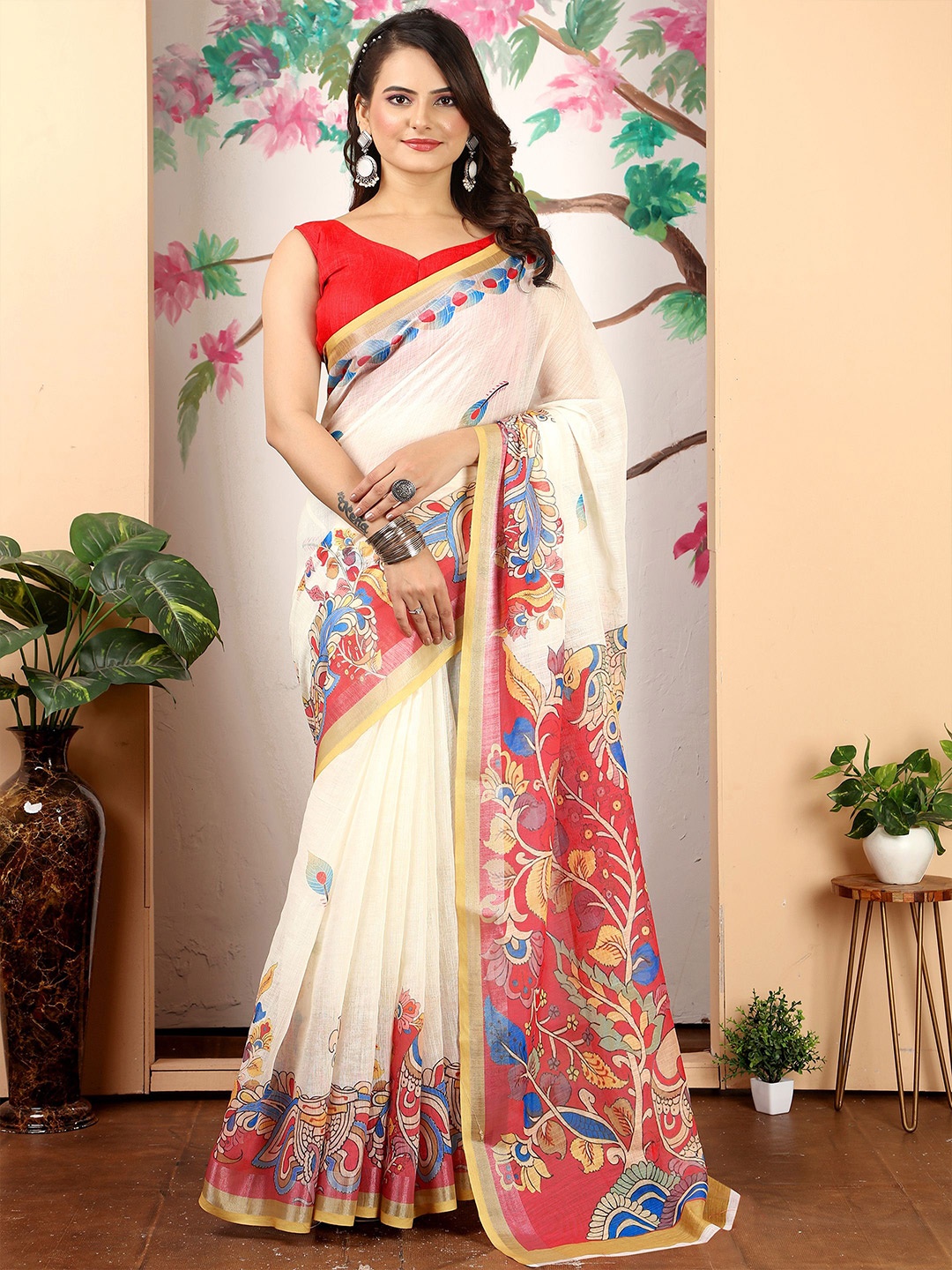 

Anouk Kalamkari Zari Linen Blend Saree, White