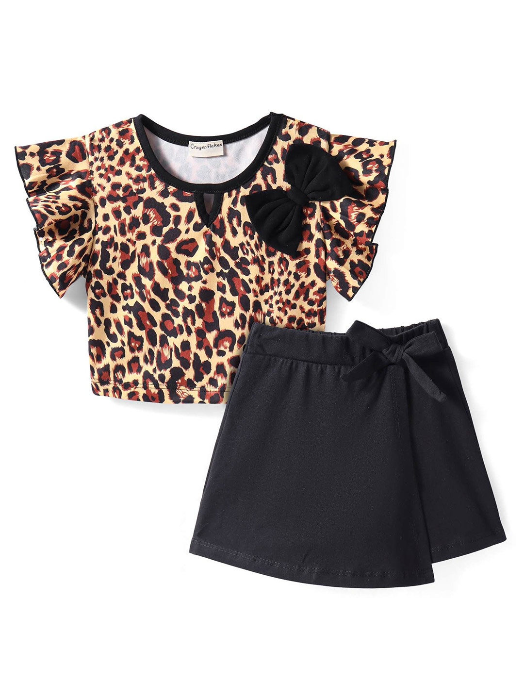 

CrayonFlakes Girls Animal Printed Round Neck Top With Shorts, Black