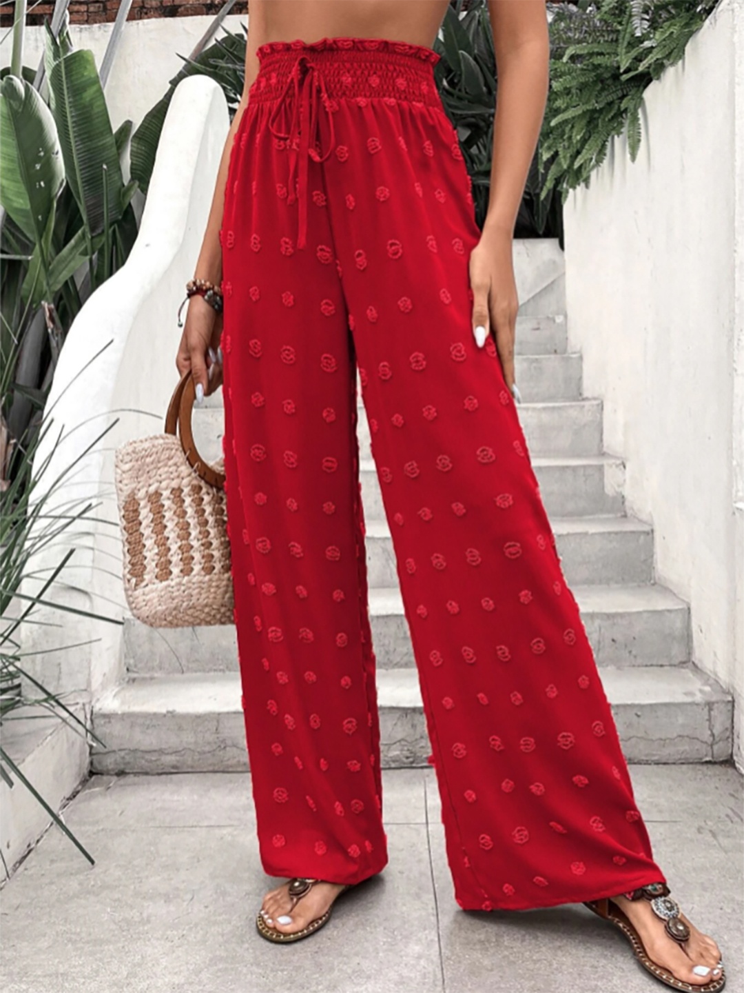 

HERE&NOW Women Ethnic Motifs High-Rise Pleated Trousers, Red