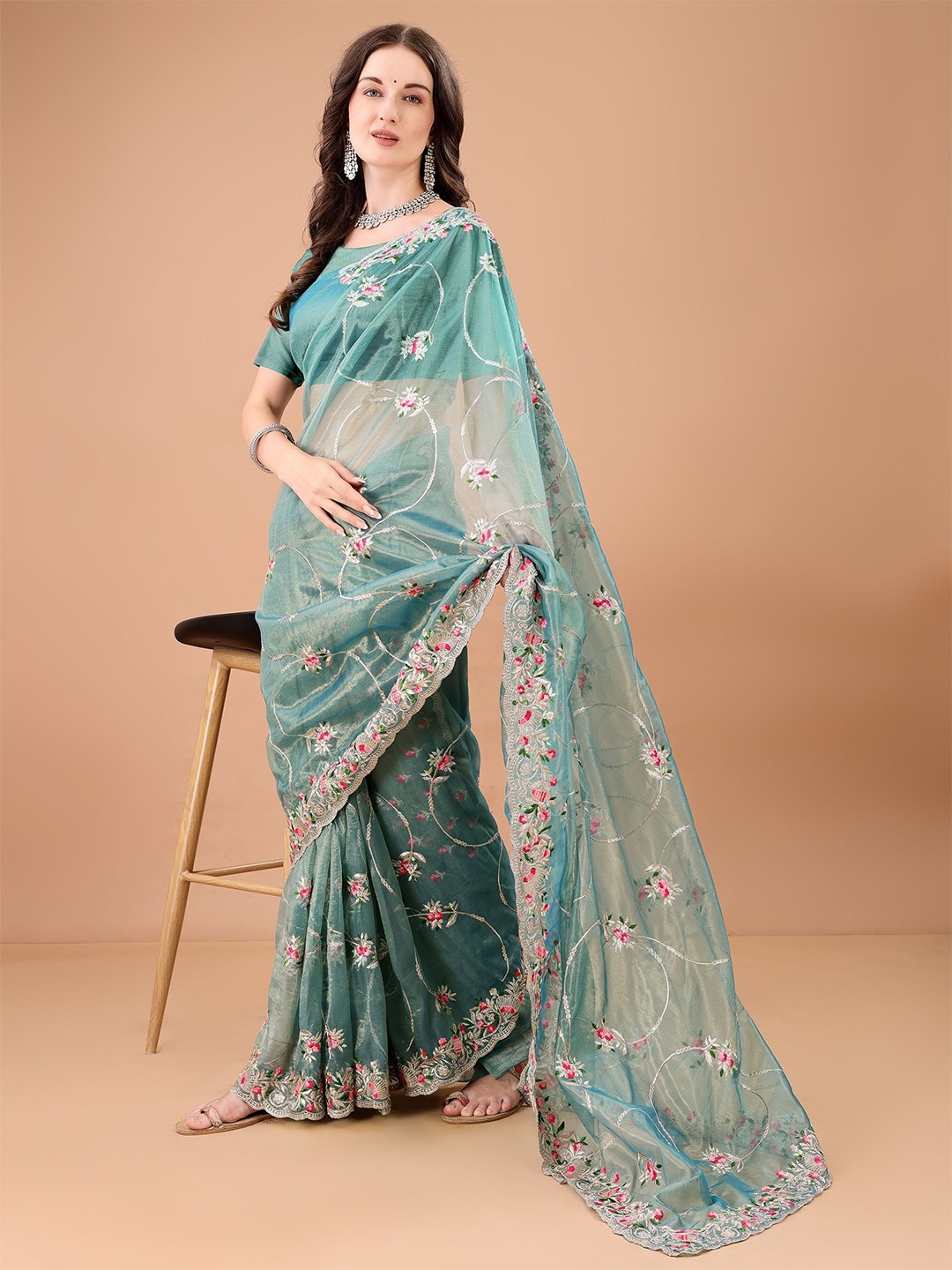 

devkison Designer Floral Embroidered Net Saree, Sea green
