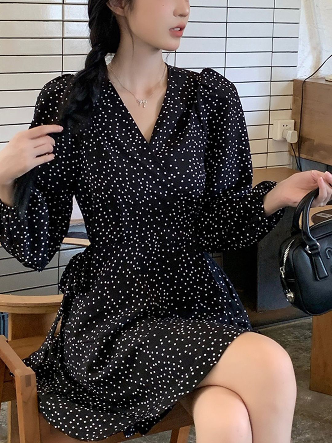 

DressBerry Print Bell Sleeve Dress, Black