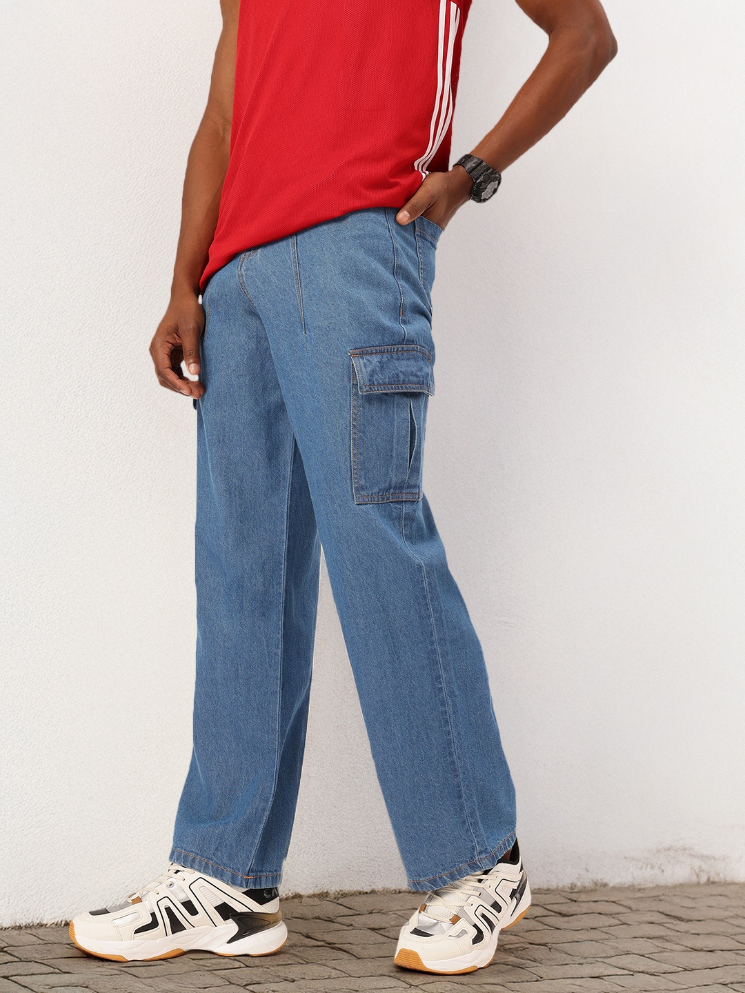 

Kook N Keech Men Denim Utility Wide Leg Cargo Jeans, Navy blue