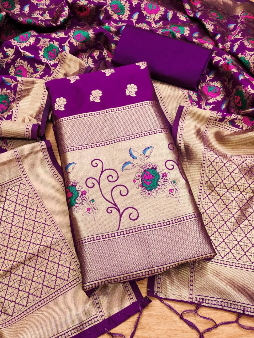 

Rangtulika Ethnics Woven Design Banarasi Silk Unstitched Dress Material, Purple