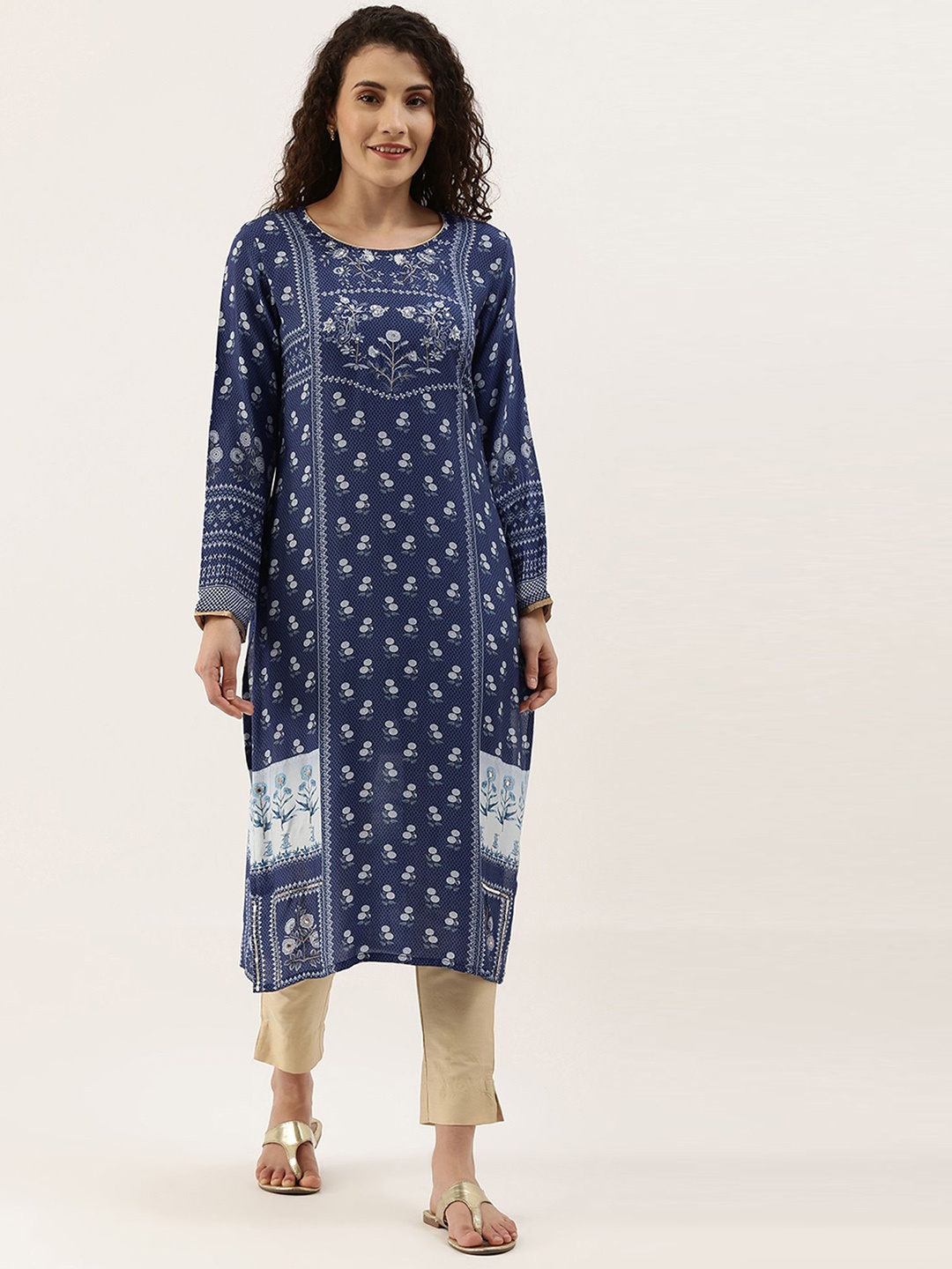 

KALINI Floral Printed Round Neck Long Sleeves Sequinned Pure Cotton Straight Kurta, Blue