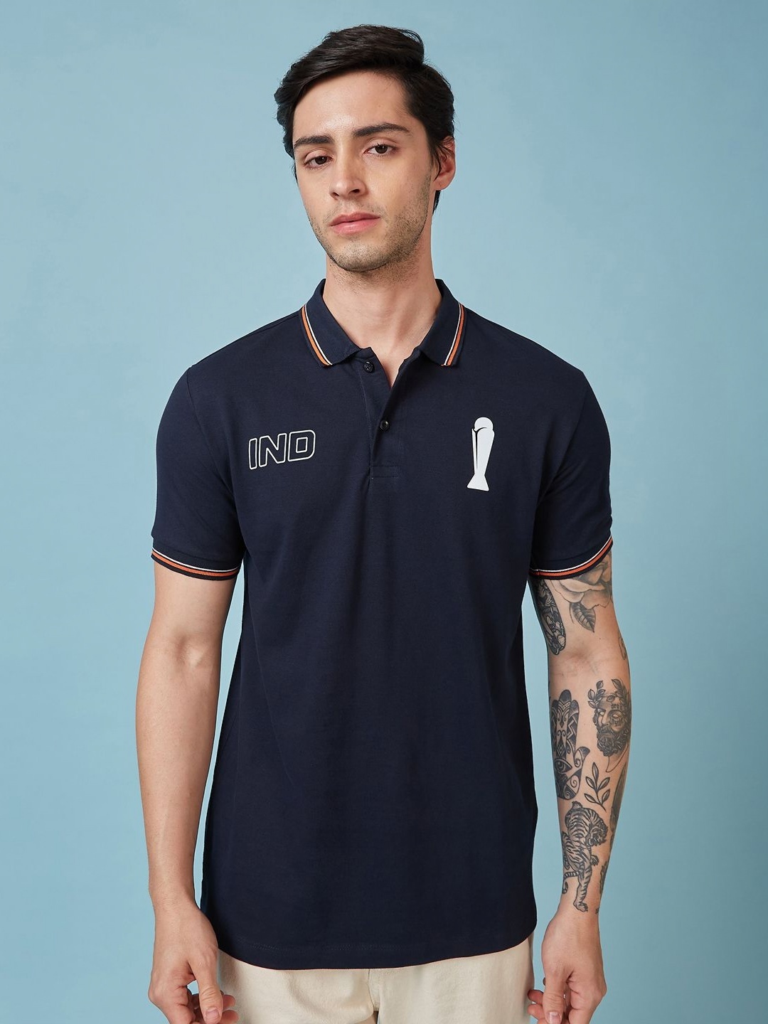 

FanCode Men Brand Logo Printed Polo Collar Applique T-shirt, Navy blue