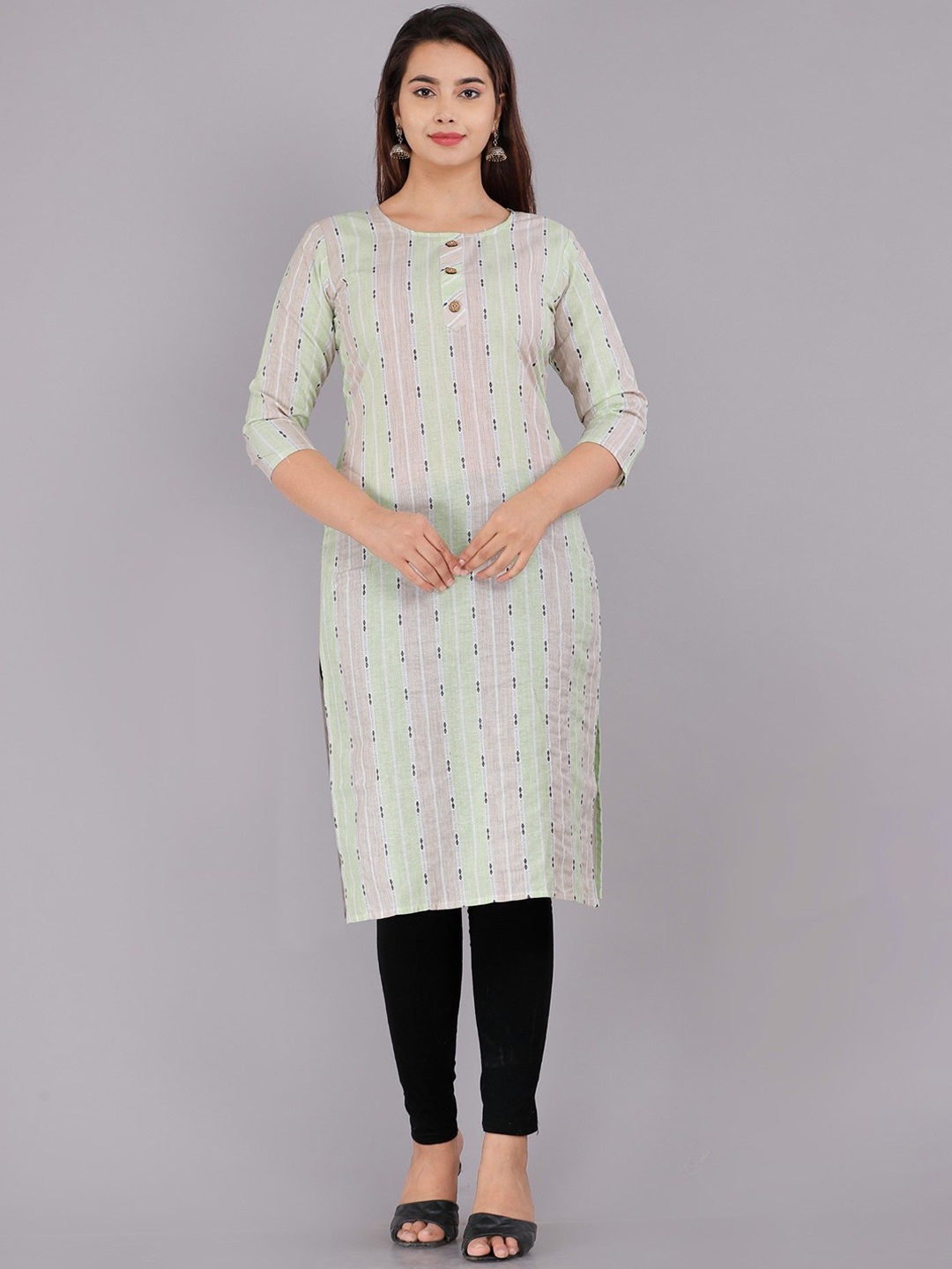 

ASANSHI Striped Round Neck Pure Cotton Straight Kurta, Green