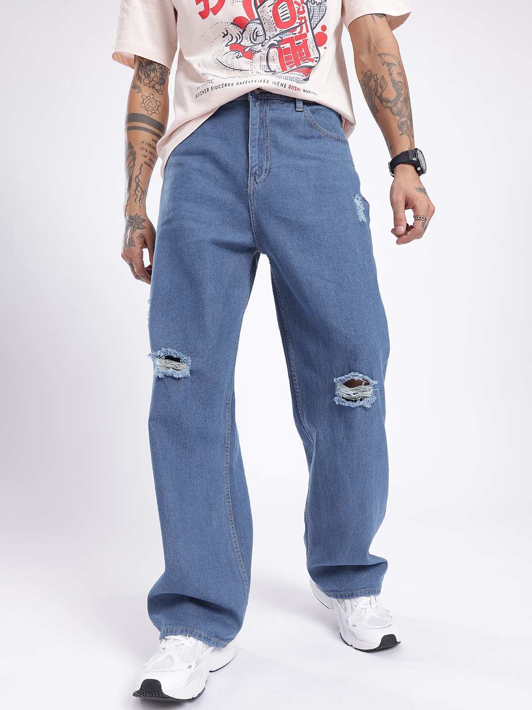 

glitchez Men Grunge Style Wide Leg Mildly Distressed Jeans, Blue