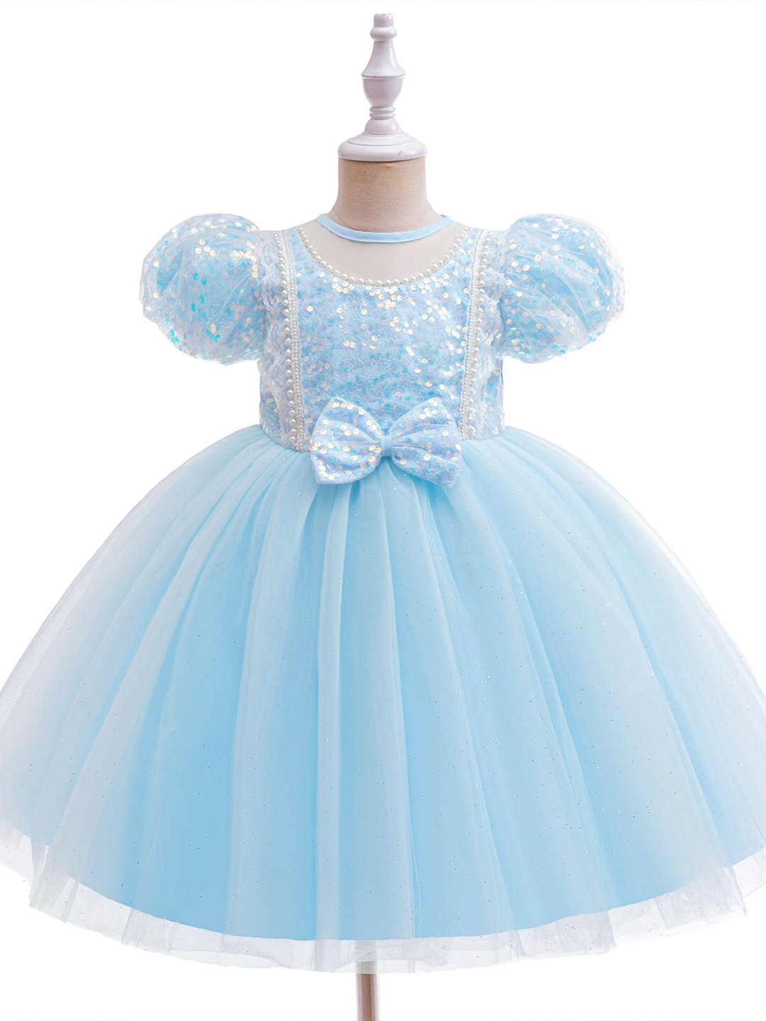 

StyleCast x Revolte Embellished Puff Sleeve Net A-Line Dress, Blue
