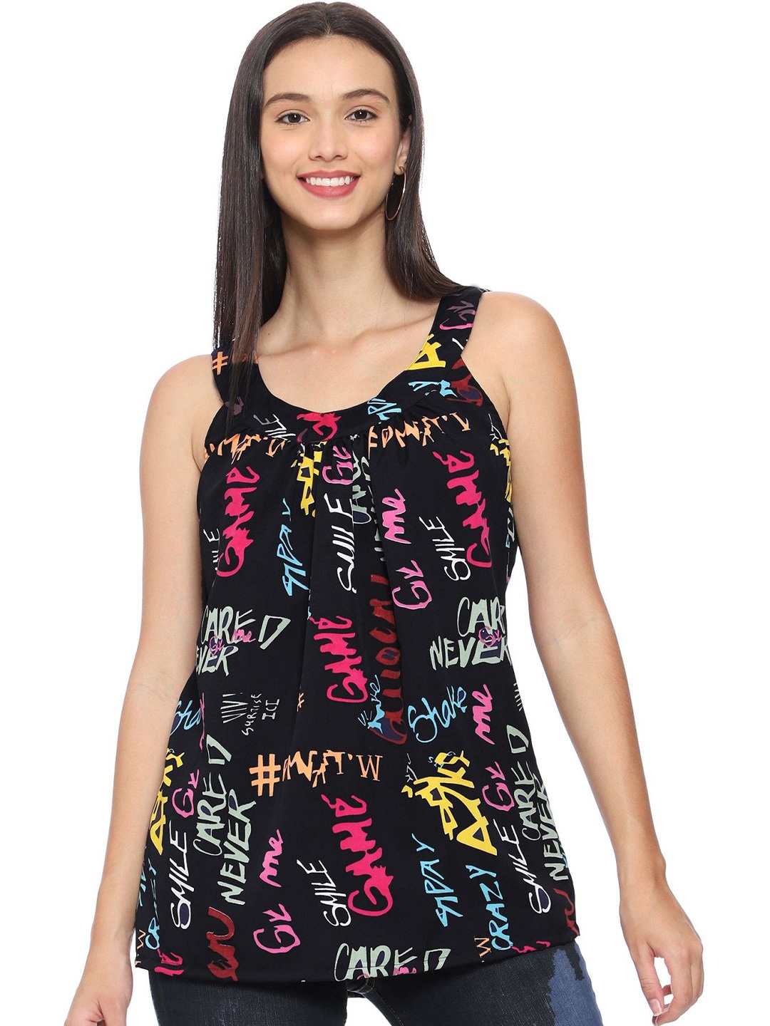

ROARERS Floral Print Crepe Top, Black