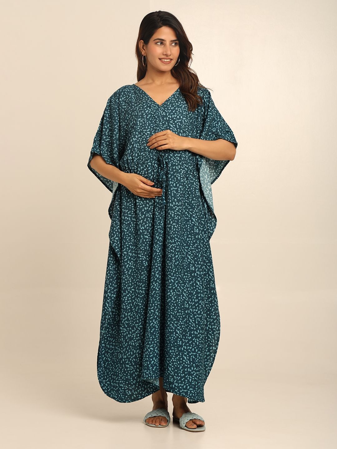 

CRAFTBAZAR Floral Print Maternity Kaftan Maxi Dress, Green