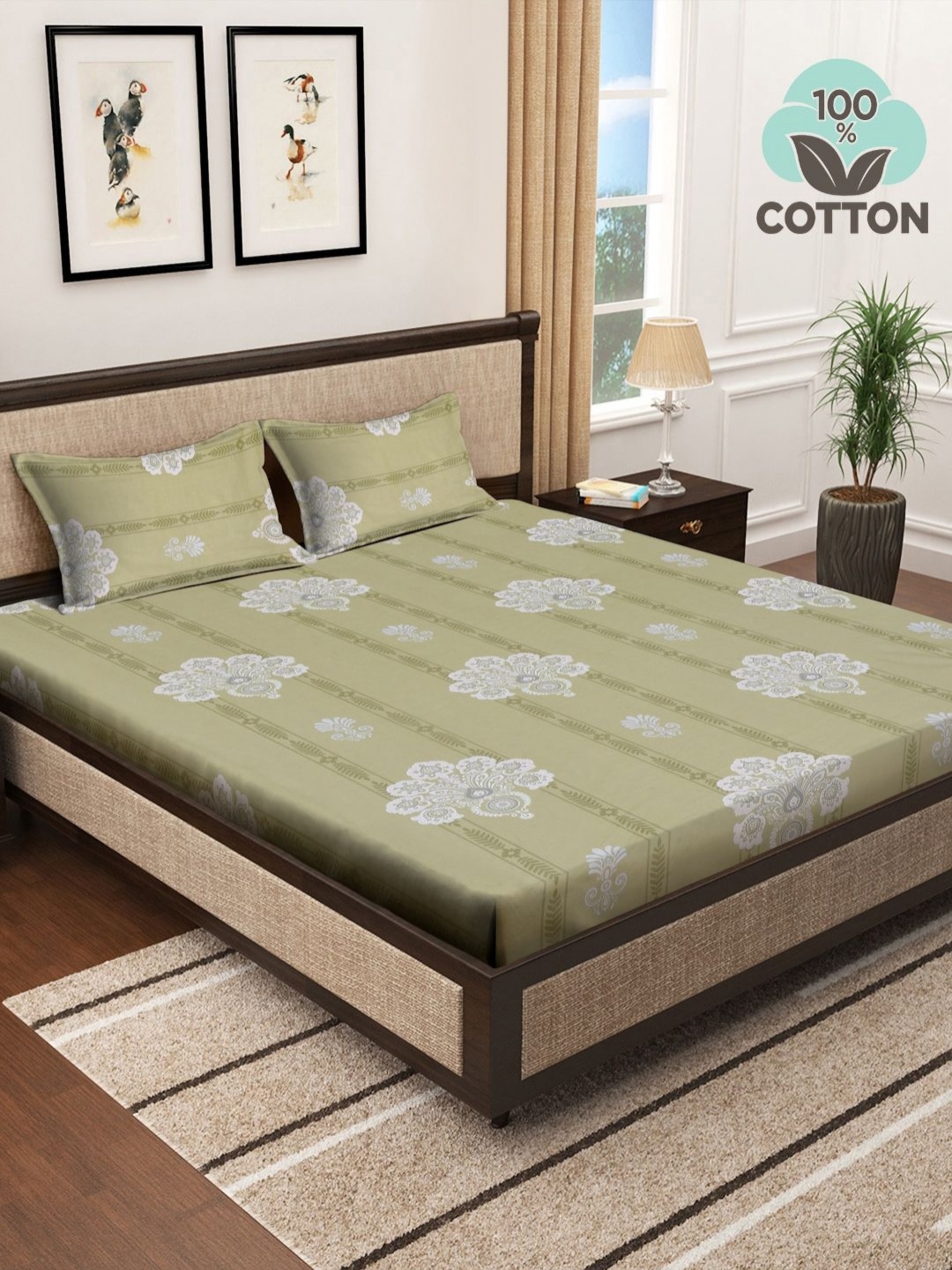 

Myntra Elegant Homes Olive & White Printed Cotton 400 TC King Bedsheet Set 2.50 m x 2.25 m