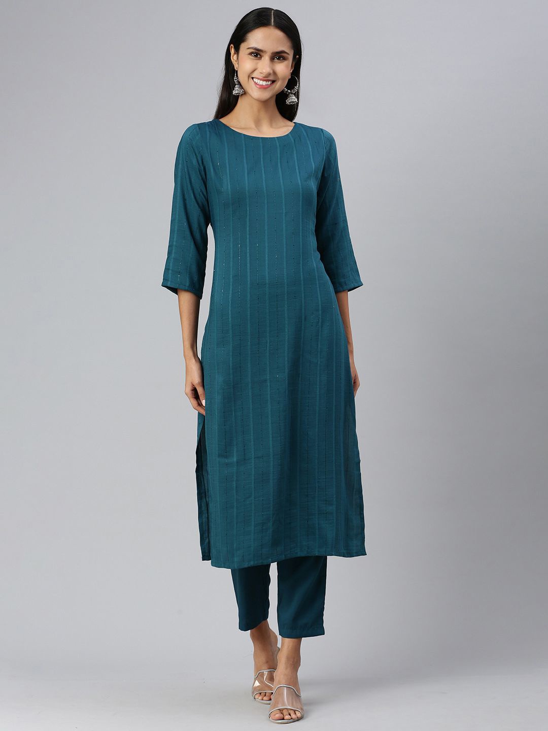 

KALINI Women Striped Regular Sequinned Kurta with Trousers, Teal