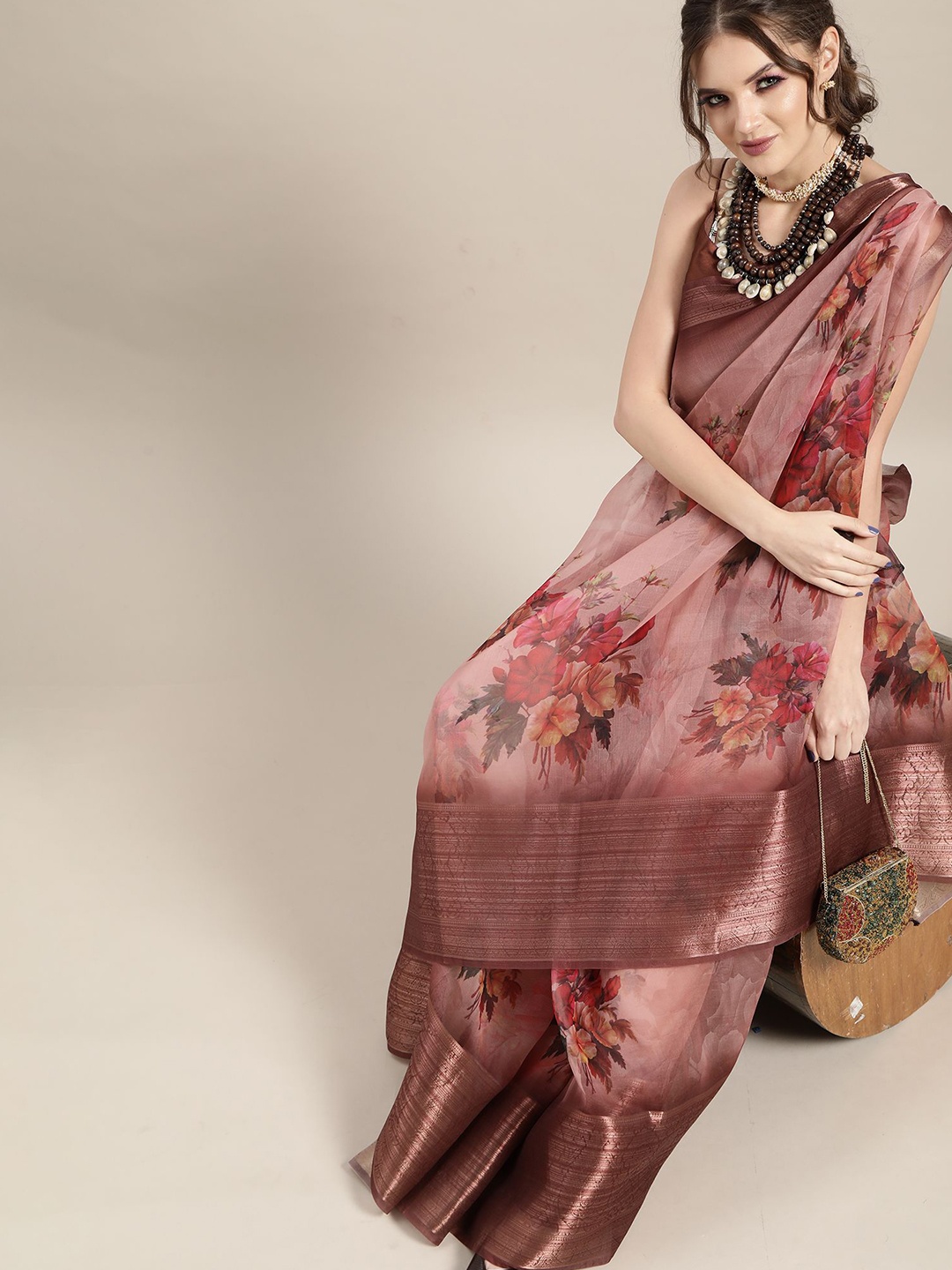 

Anouk Rustic Floral Zari Organza Saree, Brown