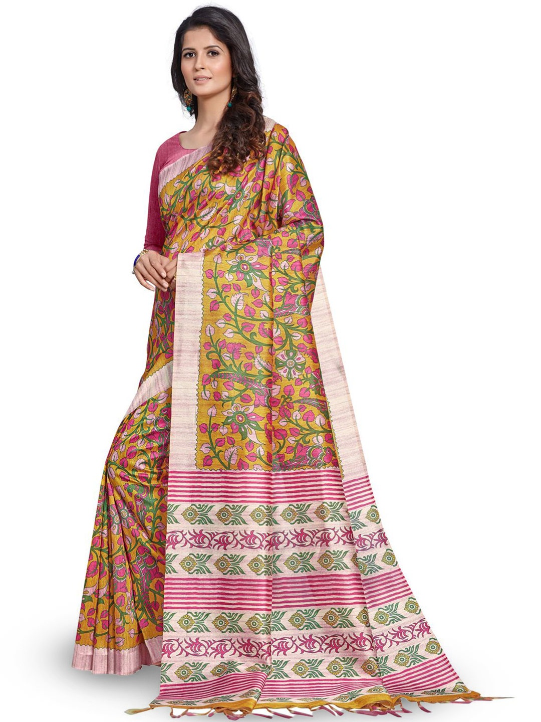 

Mitera Kalamkari Silk Blend Block Print Saree, Yellow