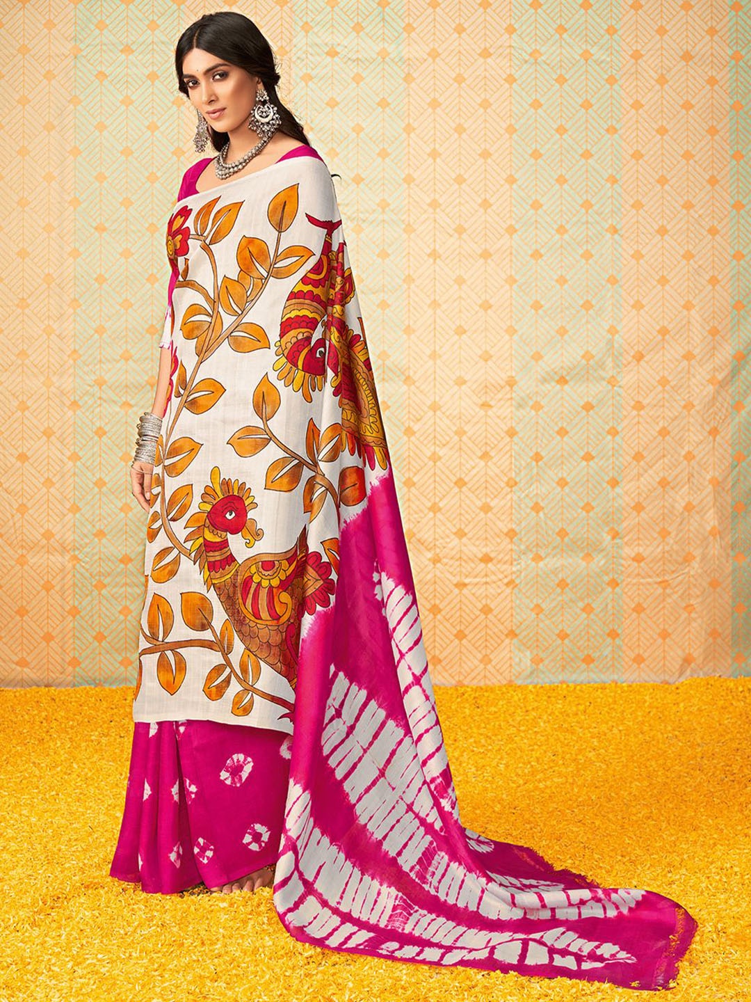 

Mitera Kalamkari Silk Blend Arani Saree, Pink