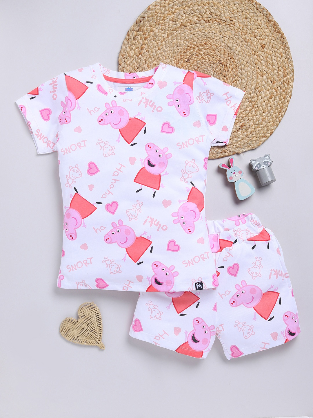 

YK X Minute Mirth Girls Peppa Pig Printed Pure Cotton T-shirt with Shorts, White