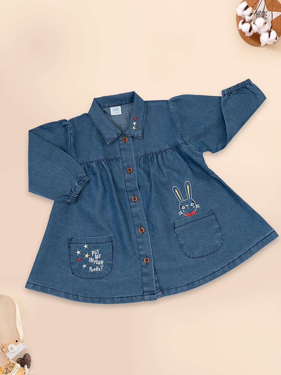 

MeeMee Embroidered Denim Fit & Flare Dress, Blue