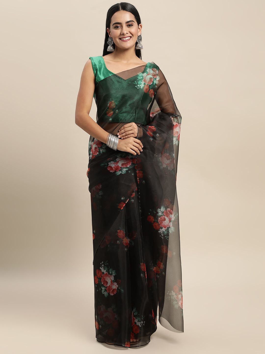 

DIVASTRI Floral Organza Saree, Black