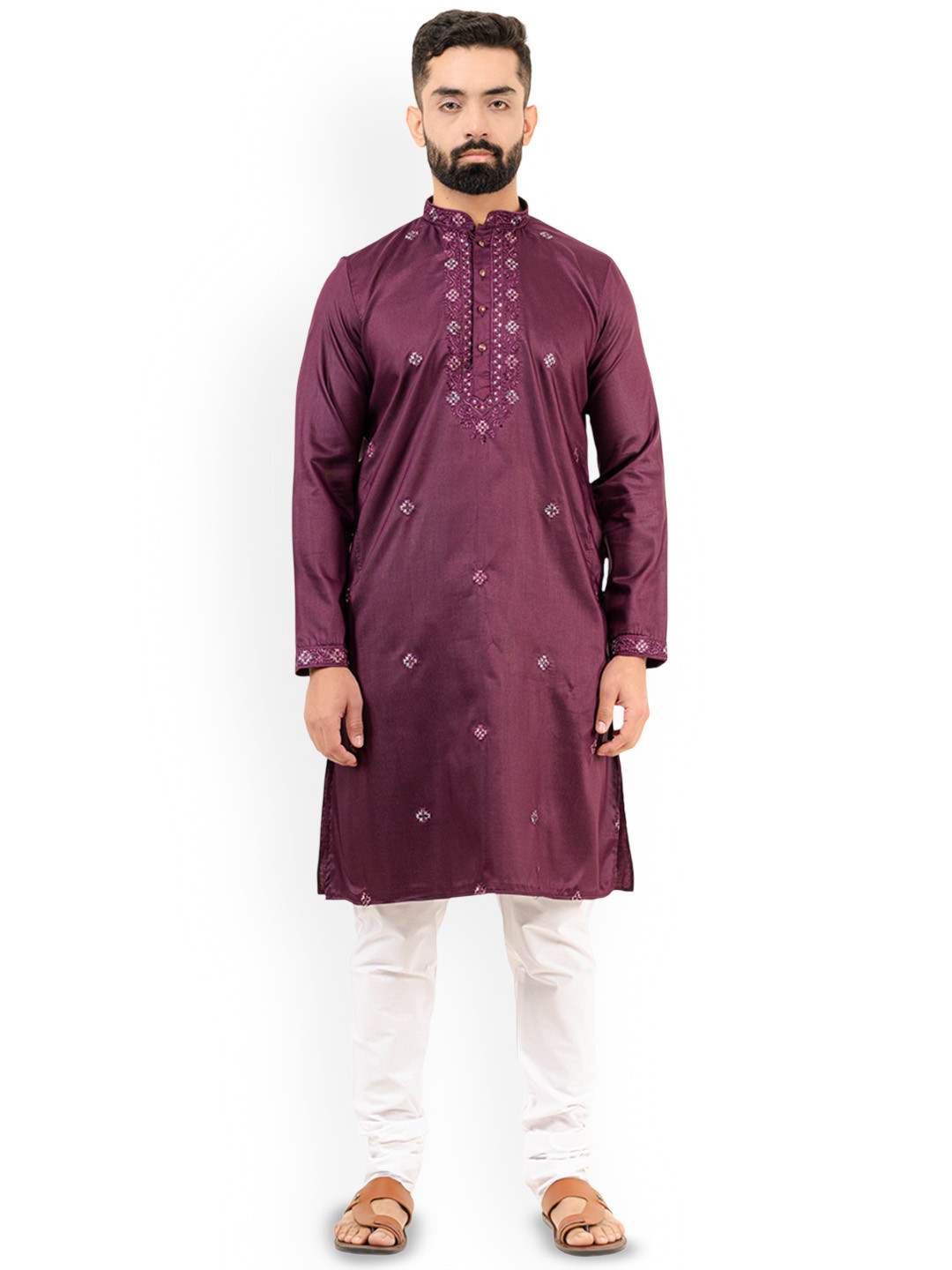 

Tistabene Floral Embroidered Sequinned Mandarin Collar Pure Silk Straight Kurta, Purple
