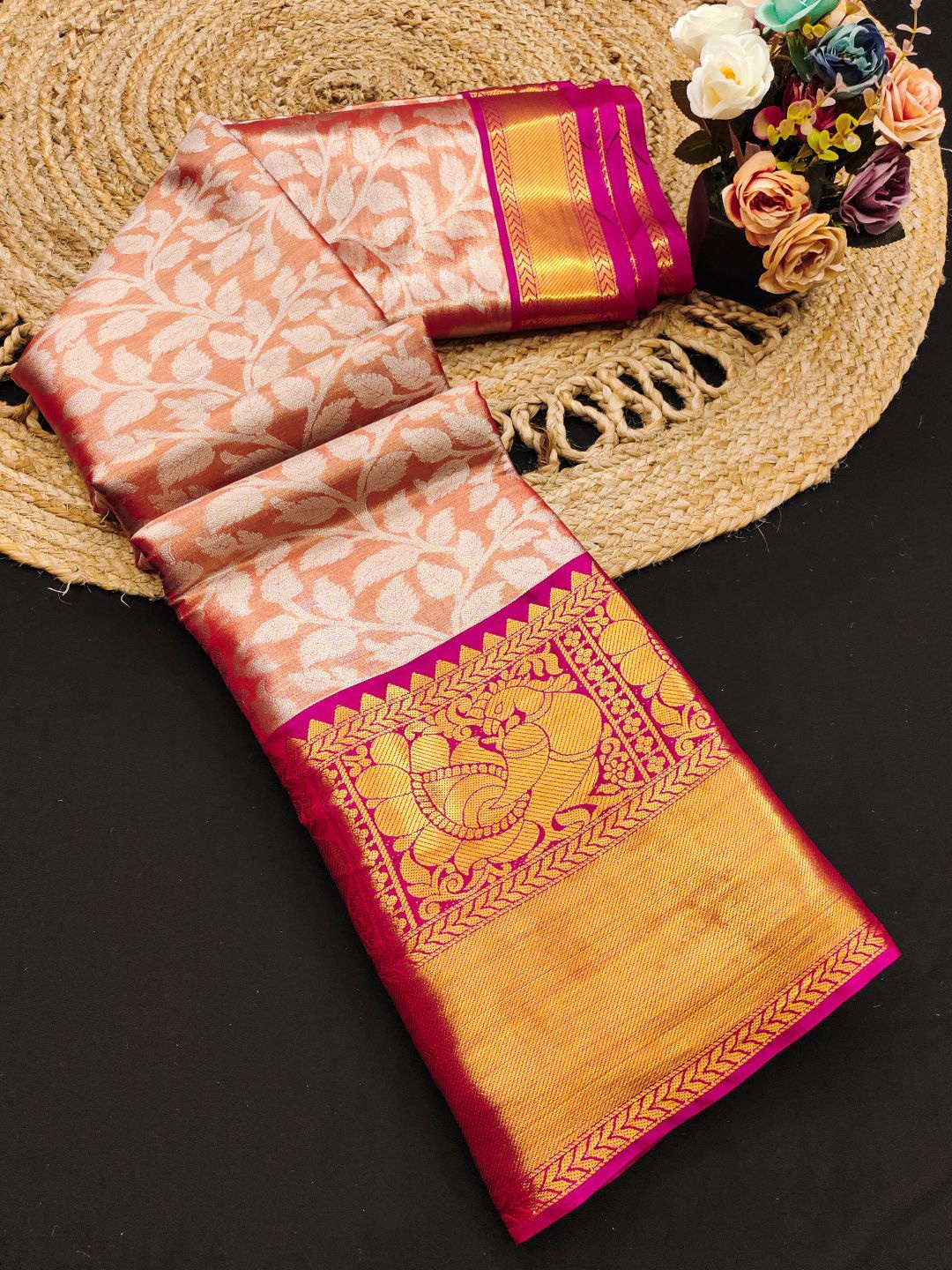 

SILKWEAR Floral Zari Pure Silk Kanjeevaram Saree, Orange