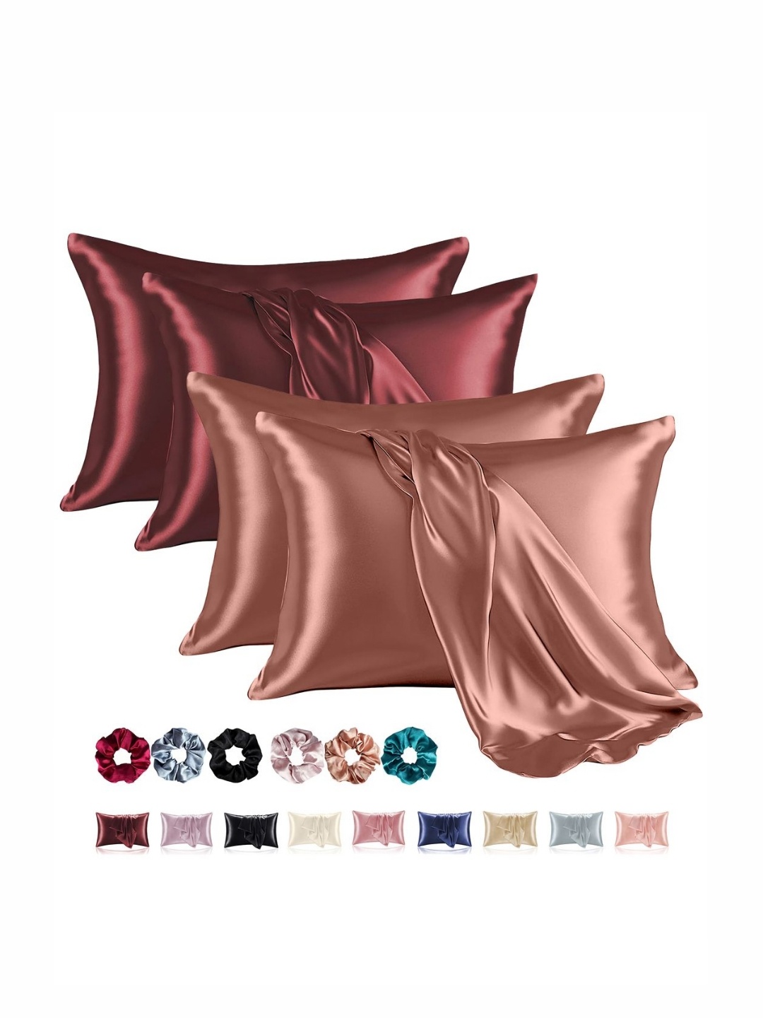 

Aura Copper-Toned & Red 4 Pieces Solid Pure Silk Rectangle Pillow Covers