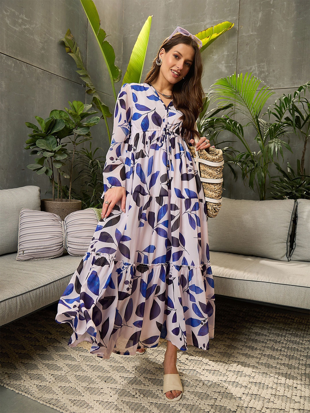 

SASSAFRAS Floral Print Georgette Maxi Midi Dress, White