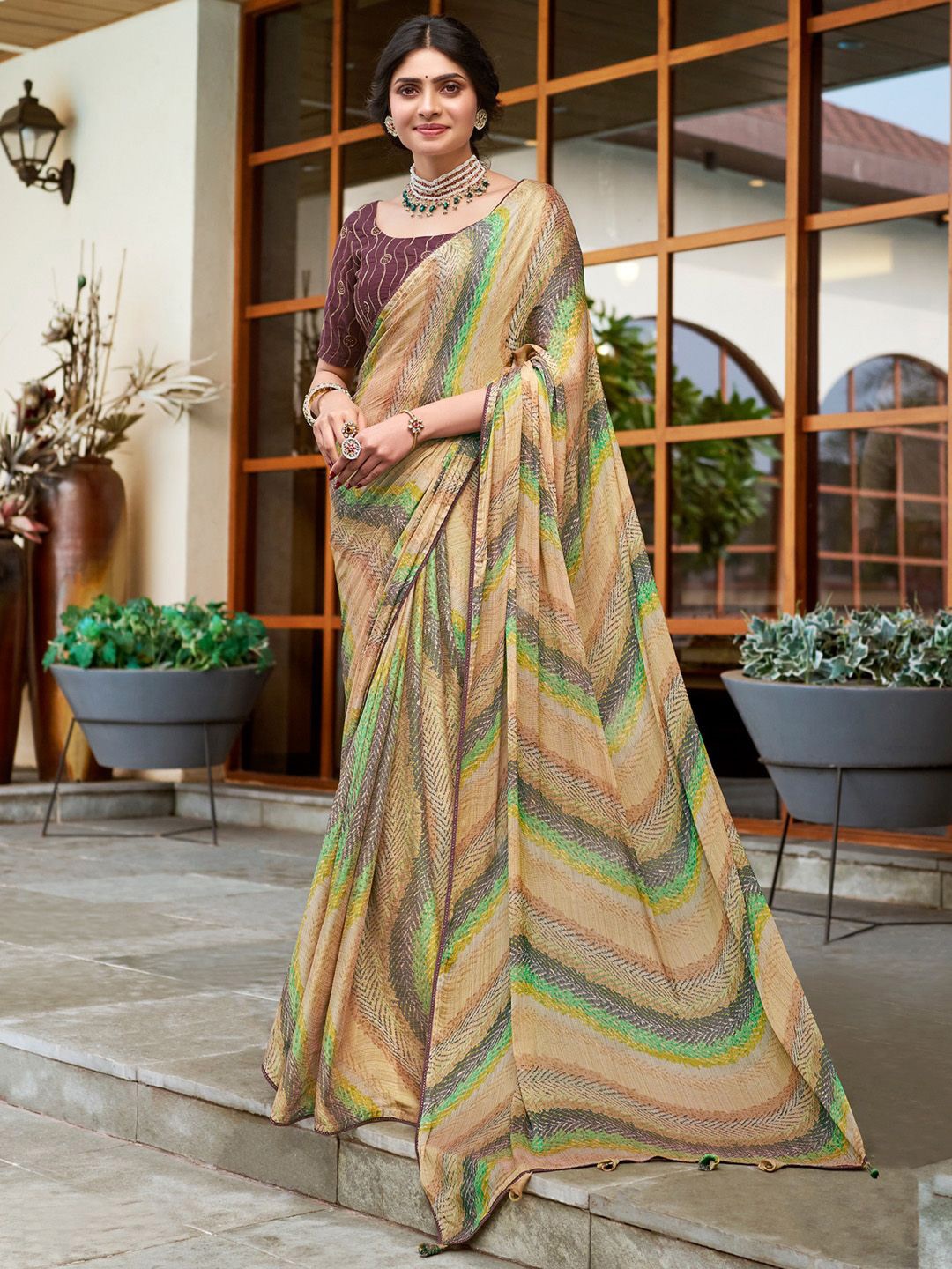 

Mitera Poly Chiffon Bagru Saree, Beige