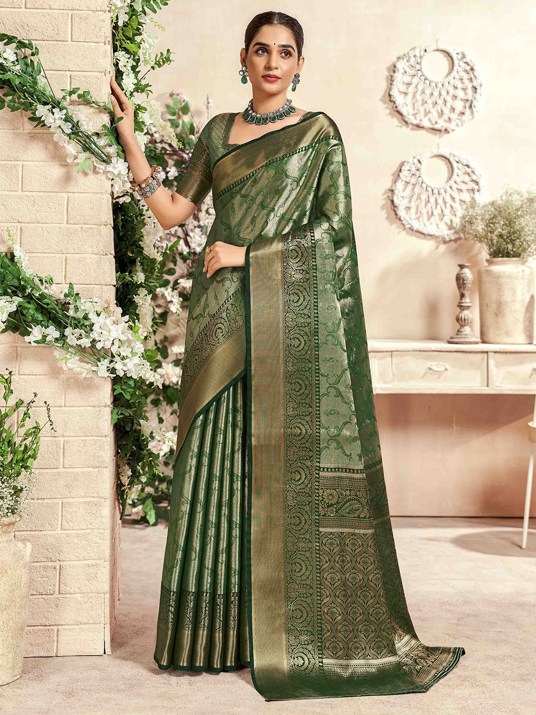 

Blissta Woven Design Zari Silk Blend Dharmavaram Saree, Green