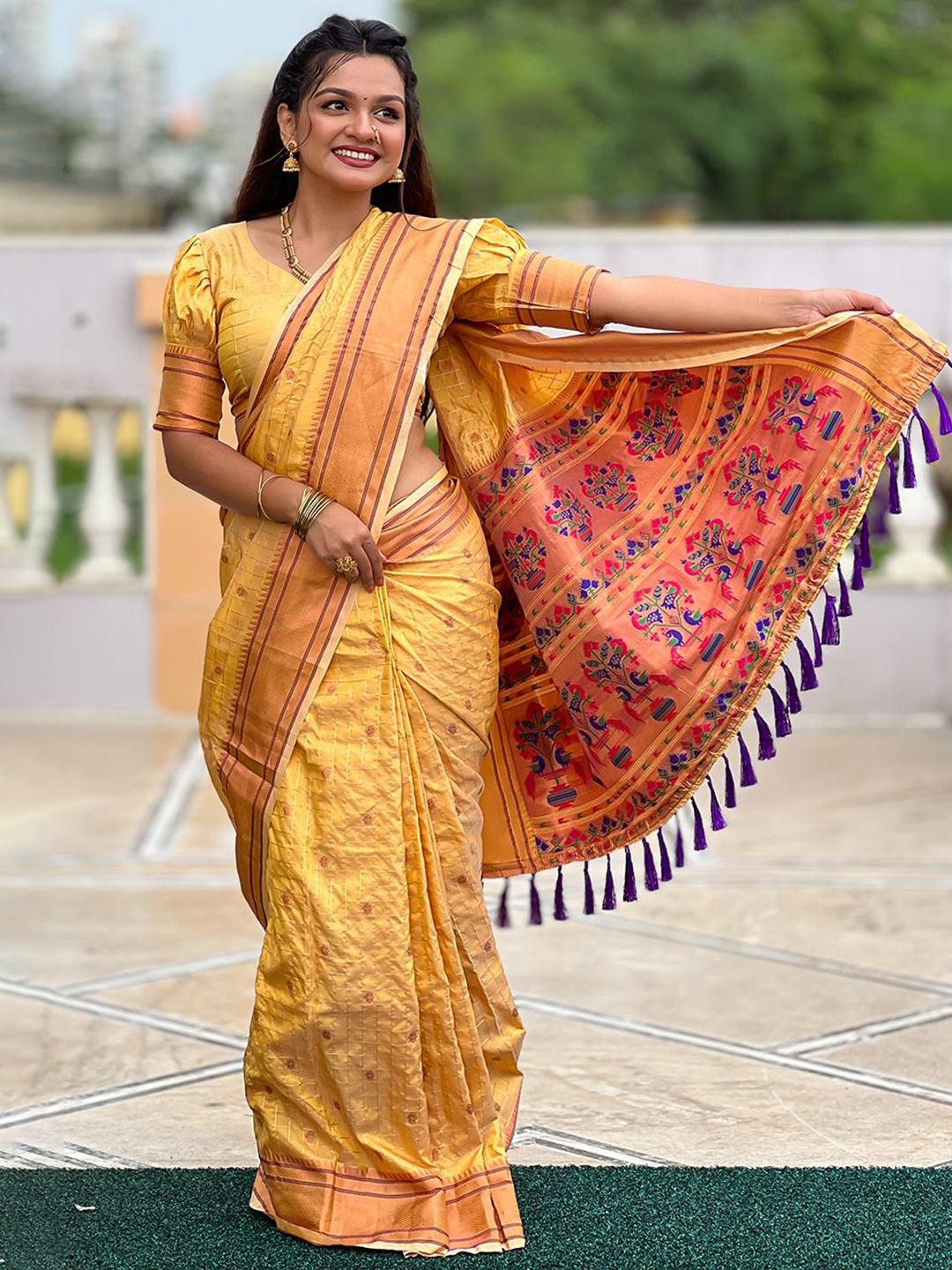 

all about you Woven Design Zari Silk Blend Paithani Saree, Yellow