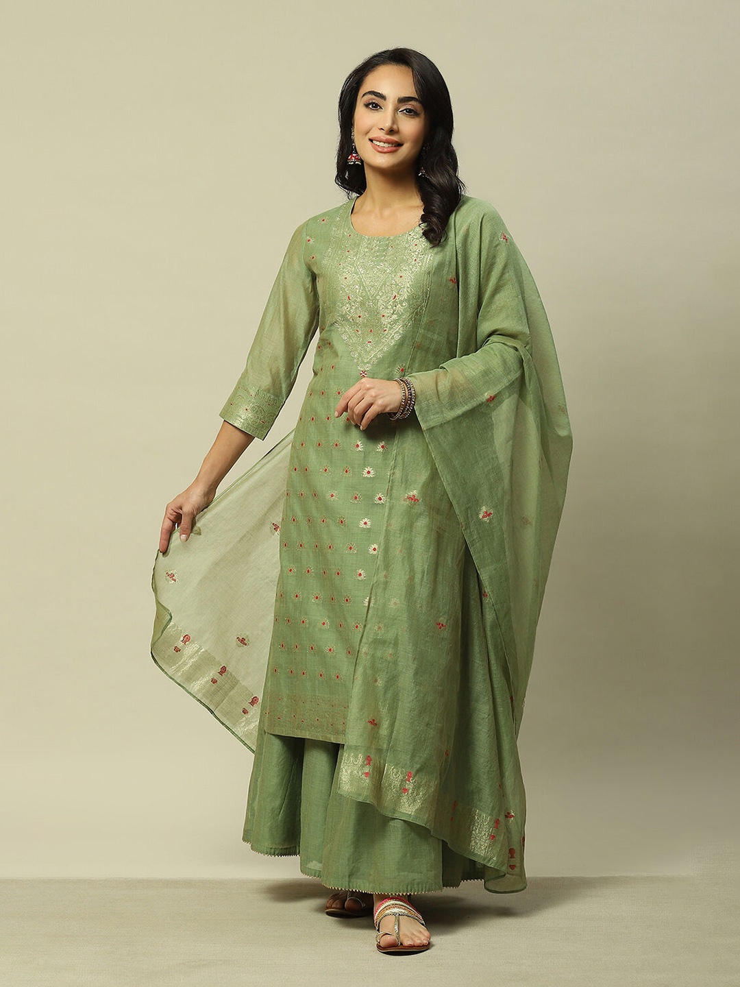 

Rangriti Women Ethnic Motifs Regular Kurta with Palazzos & With Dupatta, Green