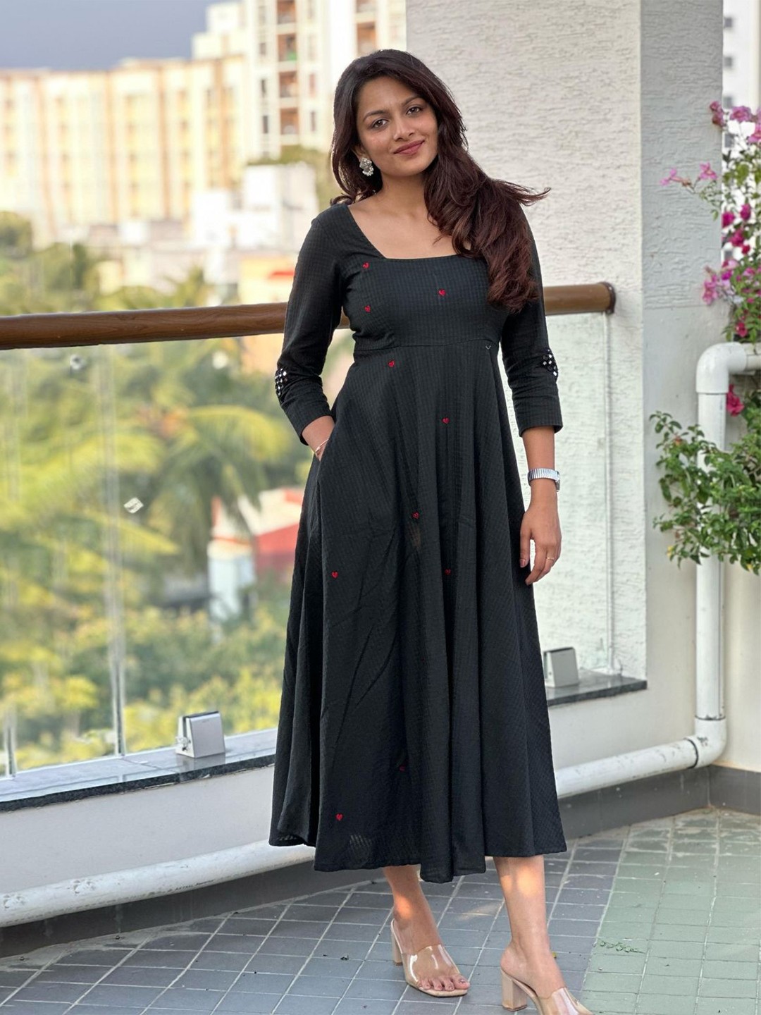 

Gulaal Embroidered Jacquard Fit & Flare Midi Dress, Black